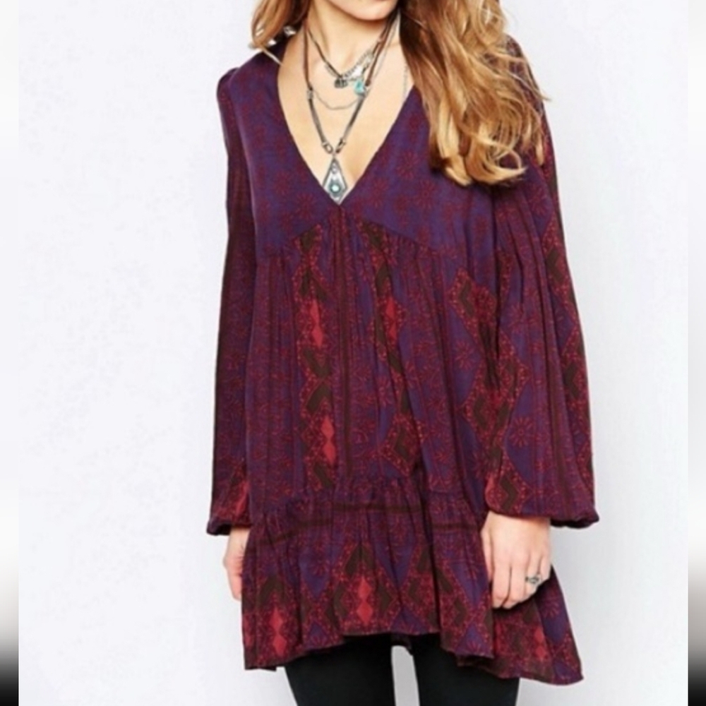 #282 FREE PEOPLE Purple Floral Tunic or Mini Dress - Picture 2 of 9